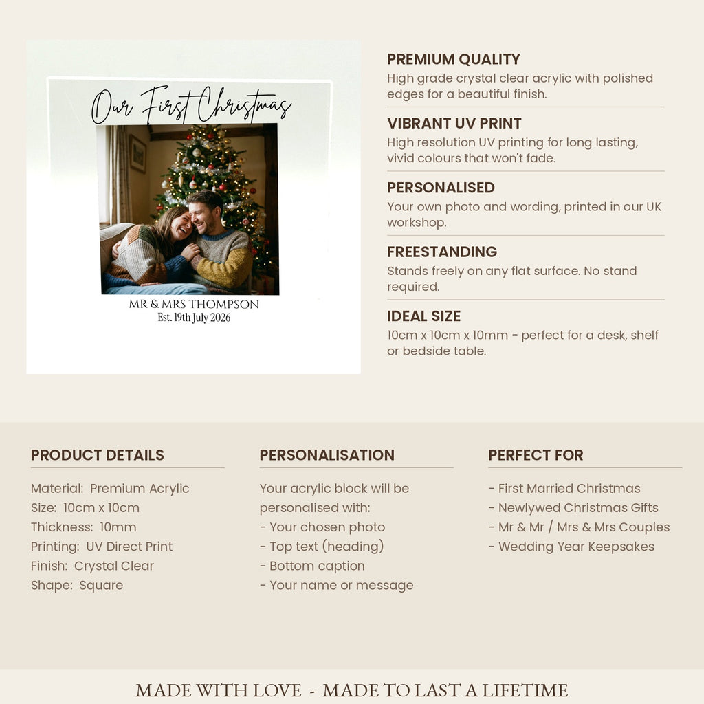 Product specifications card for First Christmas Mr and Mrs acrylic photo block