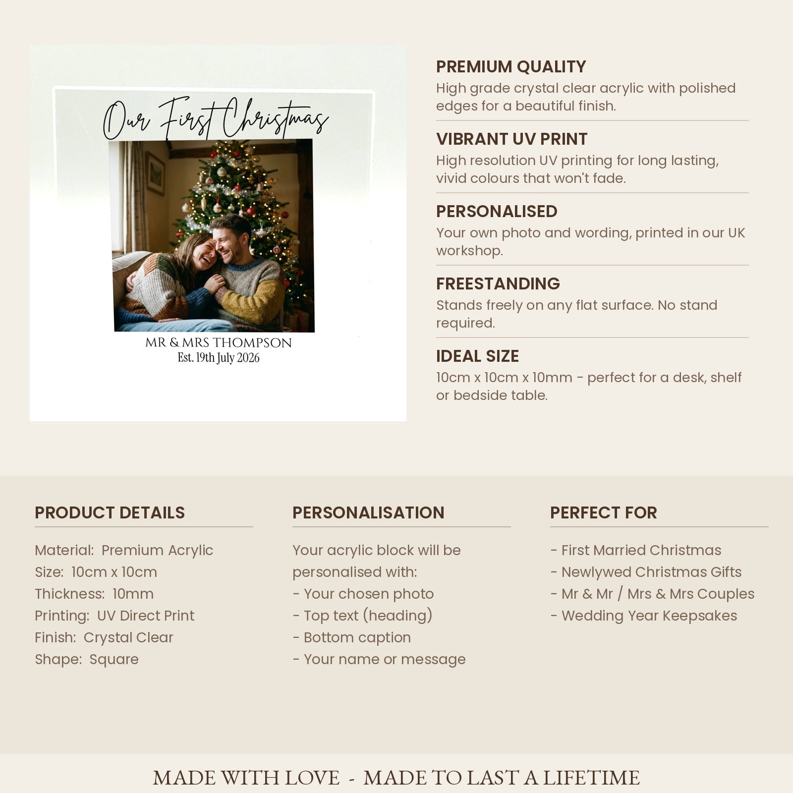 Product specifications card for First Christmas Mr and Mrs acrylic photo block