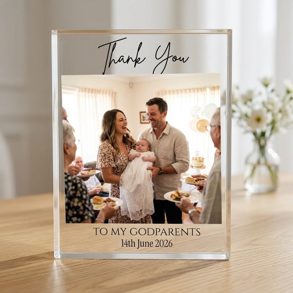 Godparents thank you acrylic photo block displayed in a home setting