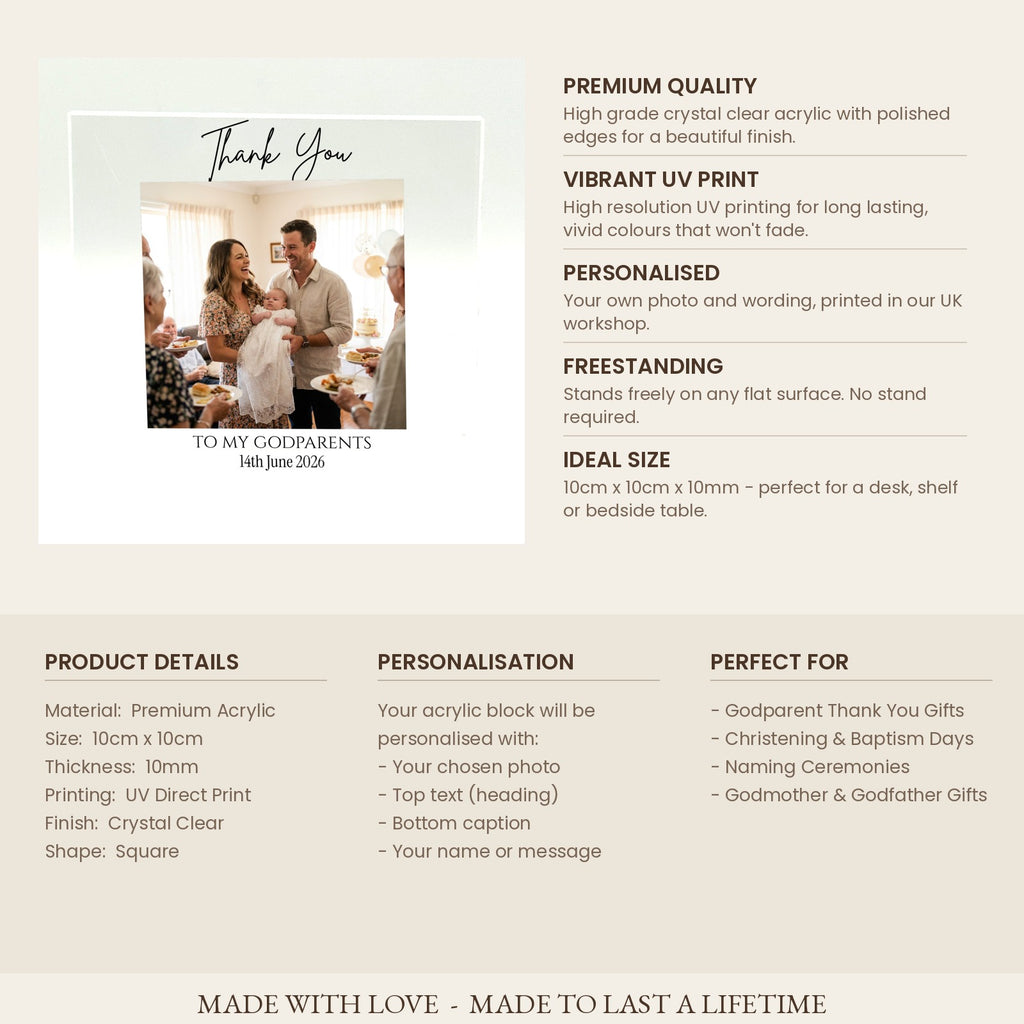 Product specifications card for Godparents thank you acrylic photo block