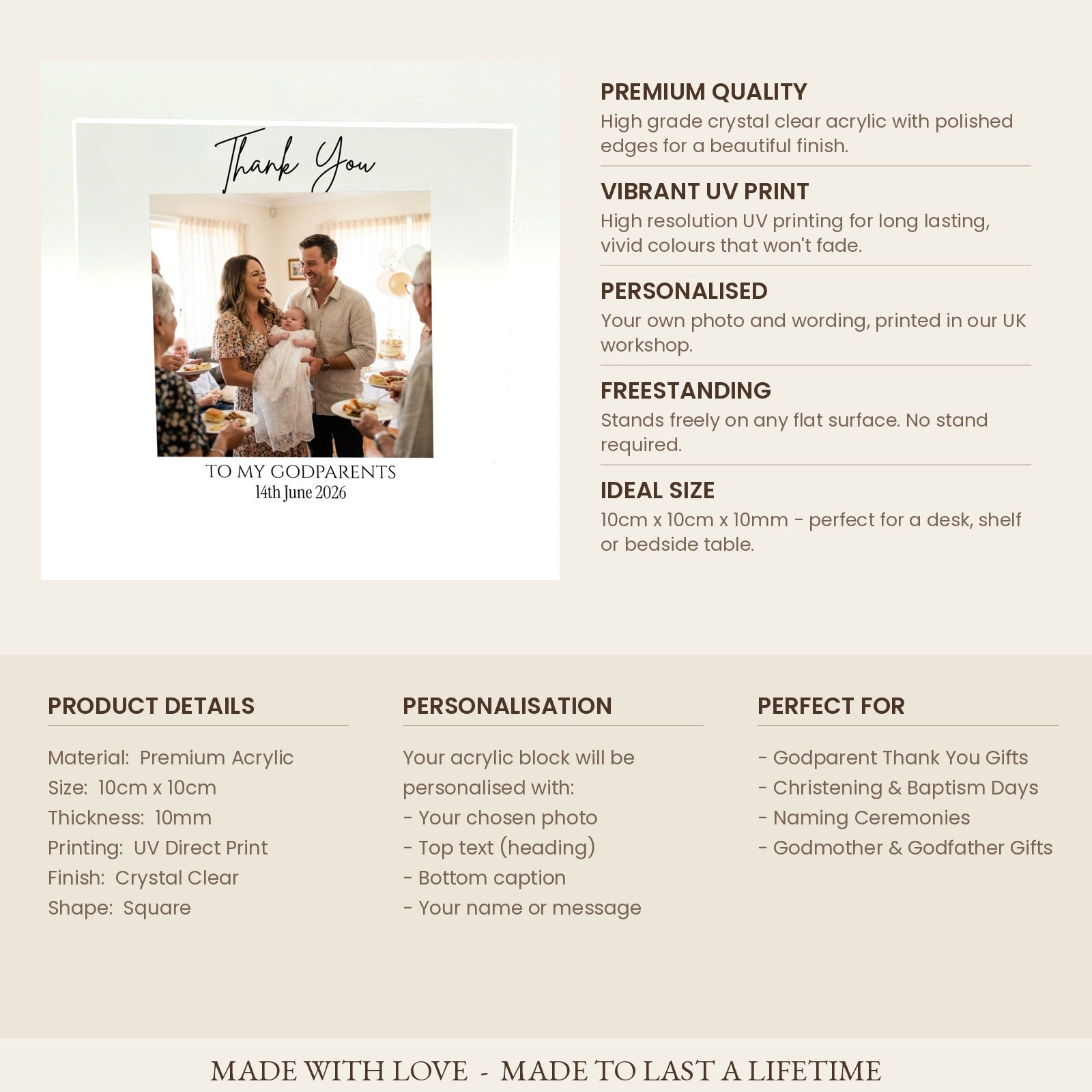 Product specifications card for Godparents thank you acrylic photo block