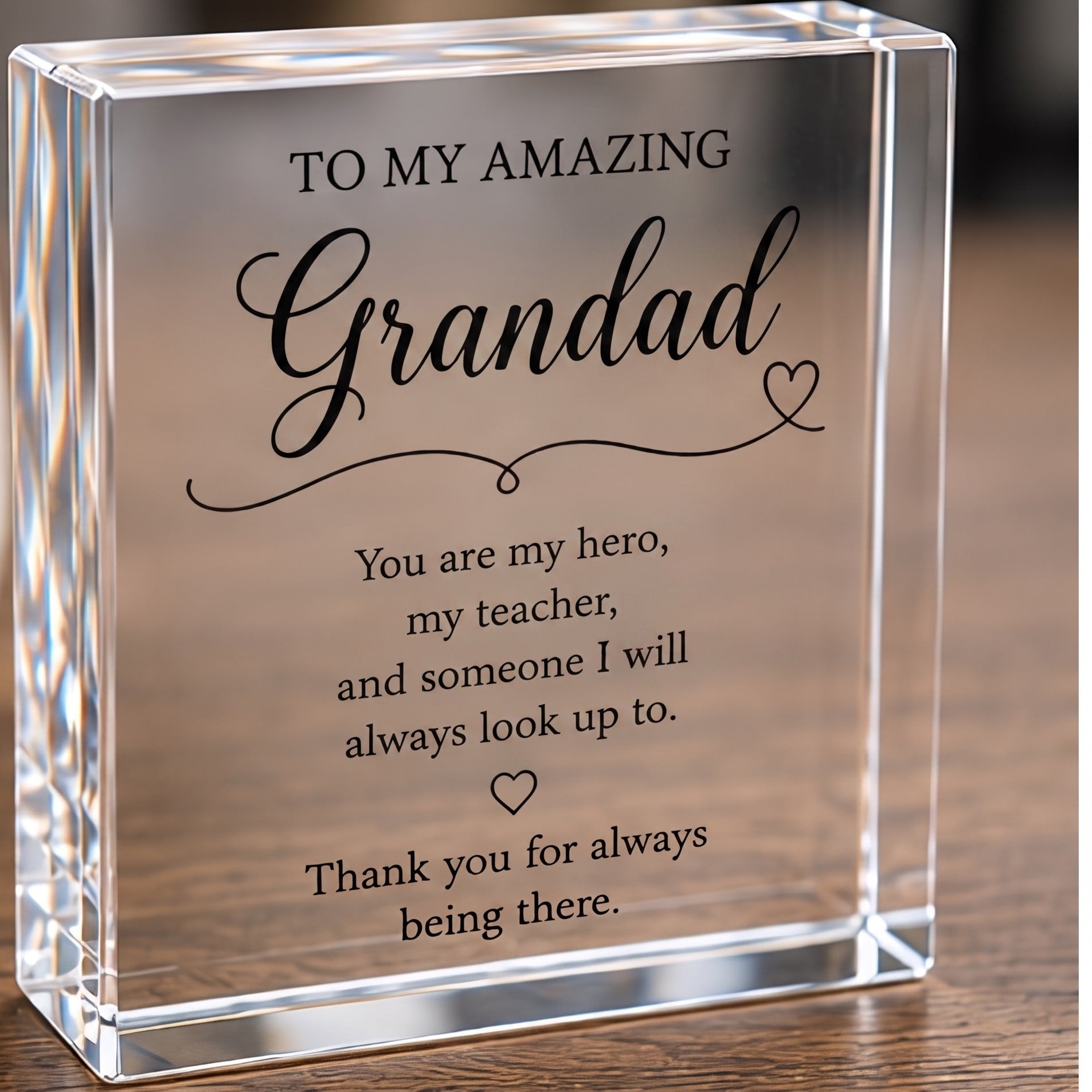 Personalised Grandad clear acrylic keepsake block with verse, freestanding on a wooden table