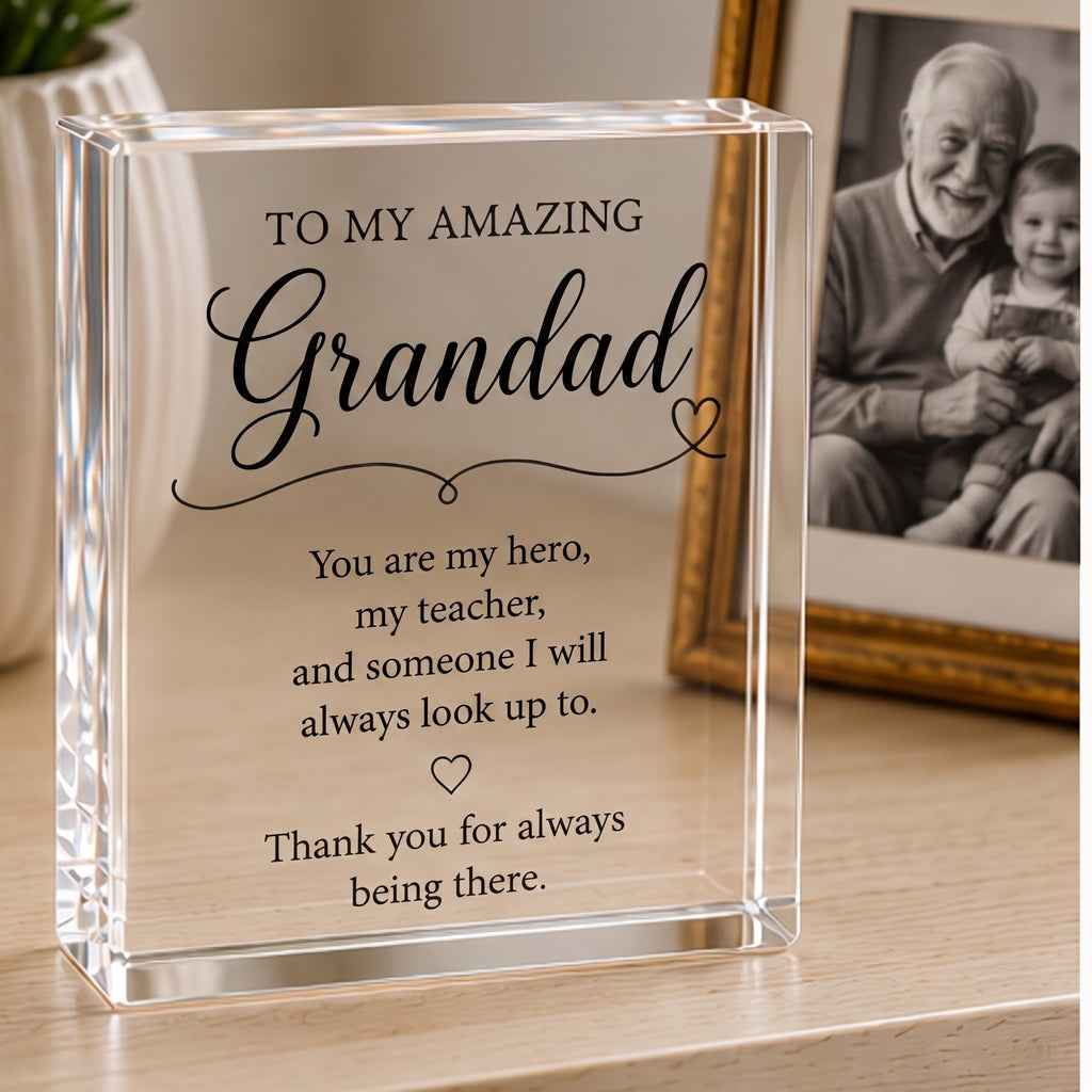 Grandad acrylic keepsake block styled on a sideboard beside a framed grandfather and grandchild photo