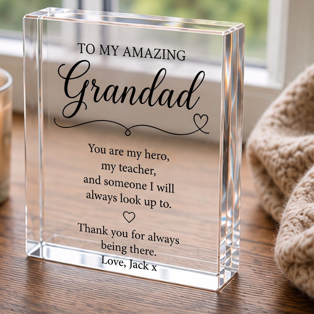 Grandad keepsake block on a windowsill showing personalised message Love, Jack x