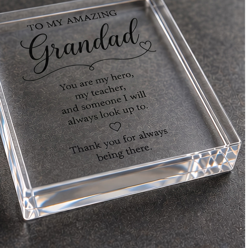 Angled detail view of the clear acrylic Grandad keepsake block
