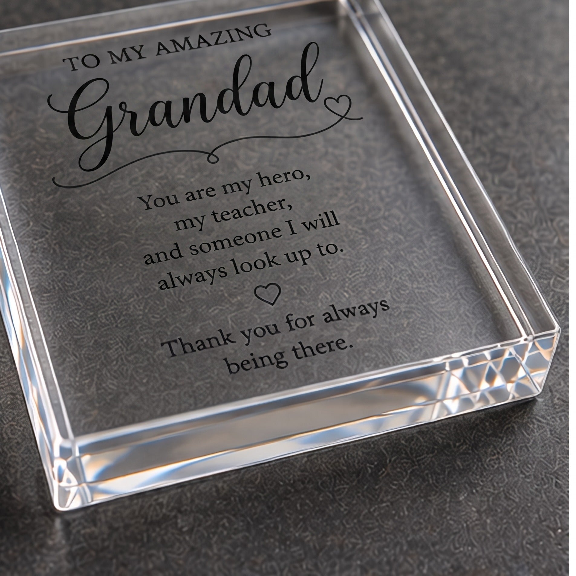Angled detail view of the clear acrylic Grandad keepsake block