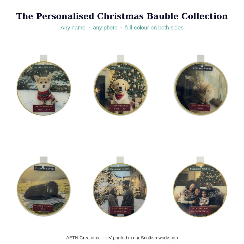 AETN personalised Christmas bauble collection