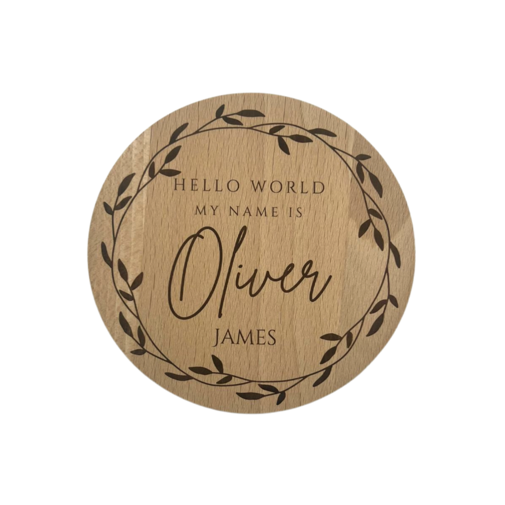 Personalised beechwood baby name plaque engraved nursery disc