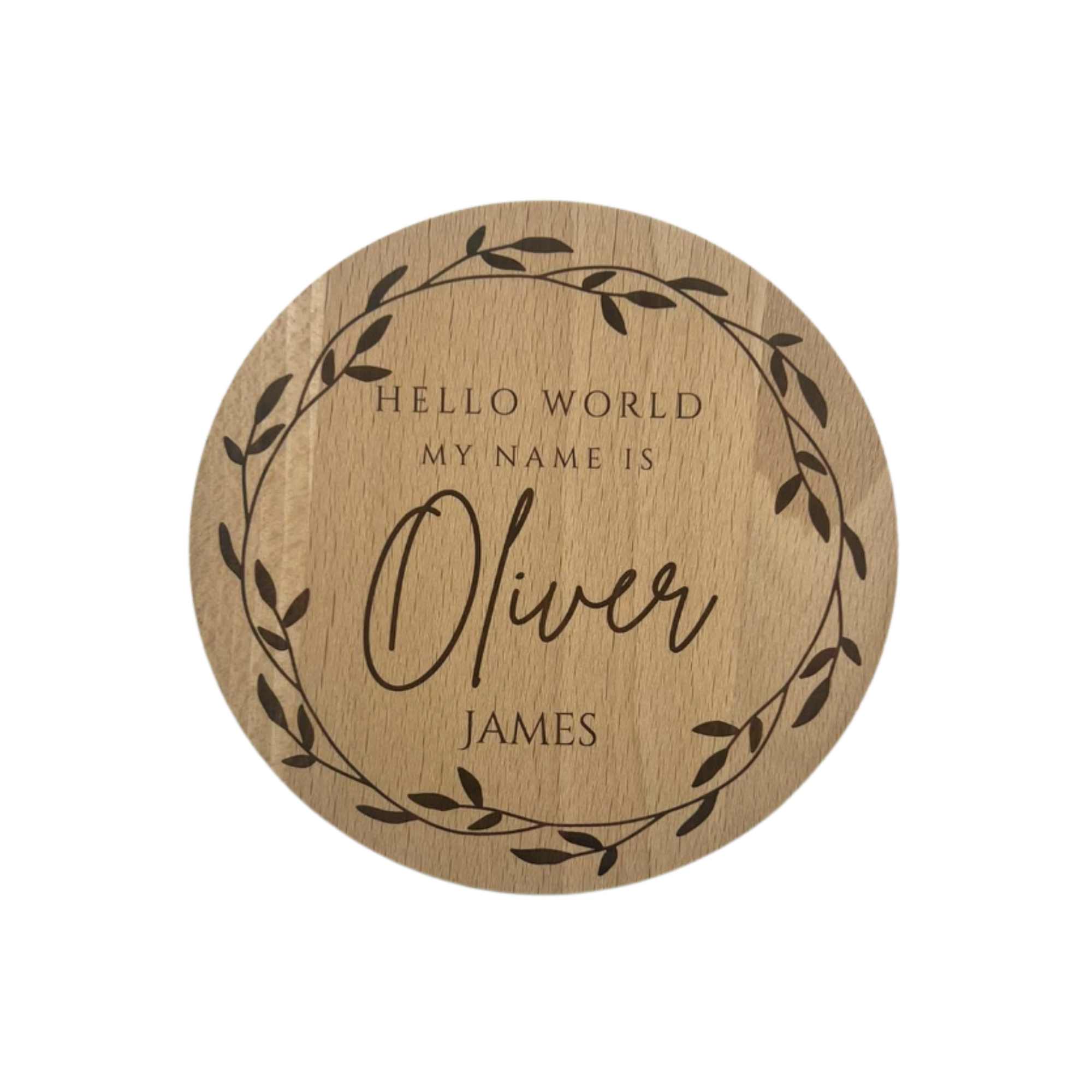 Personalised beechwood baby name plaque engraved nursery disc
