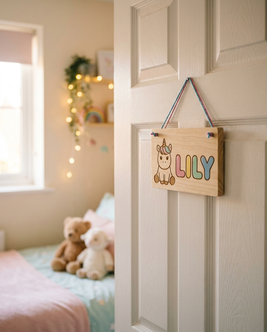 Personalised unicorn kids door sign on a bedroom door, styled nursery