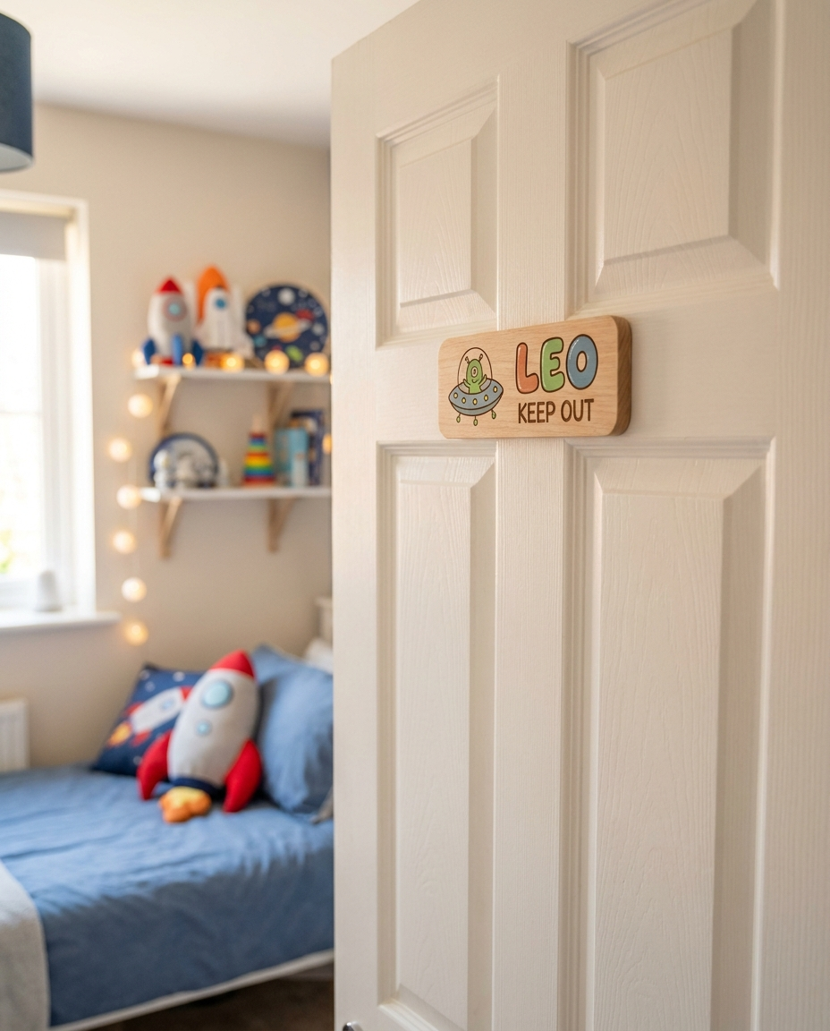 Personalised alien Keep Out kids door sign on a bedroom door, boys room