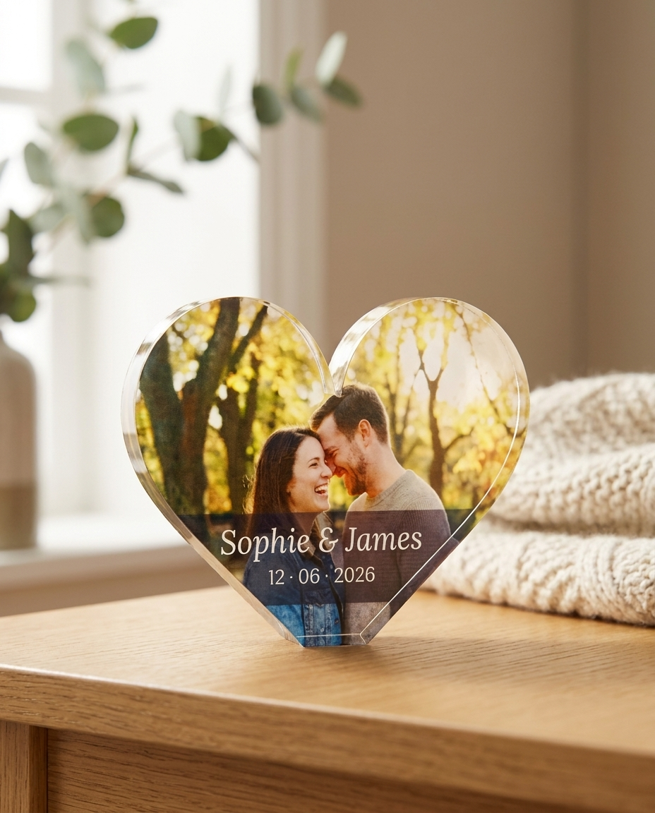 Personalised heart acrylic block styled on a wooden surface