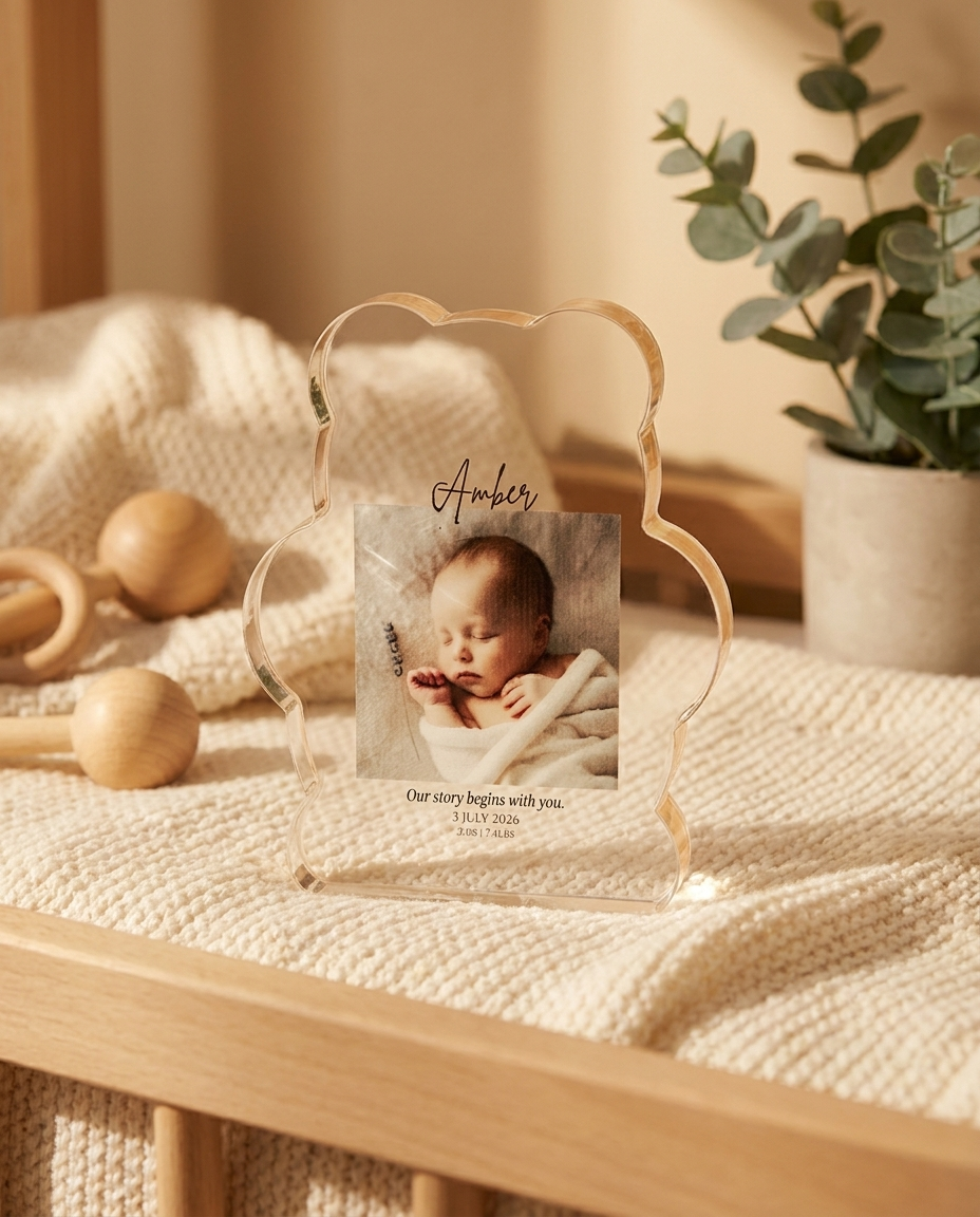 Personalised teddy acrylic block styled in a nursery