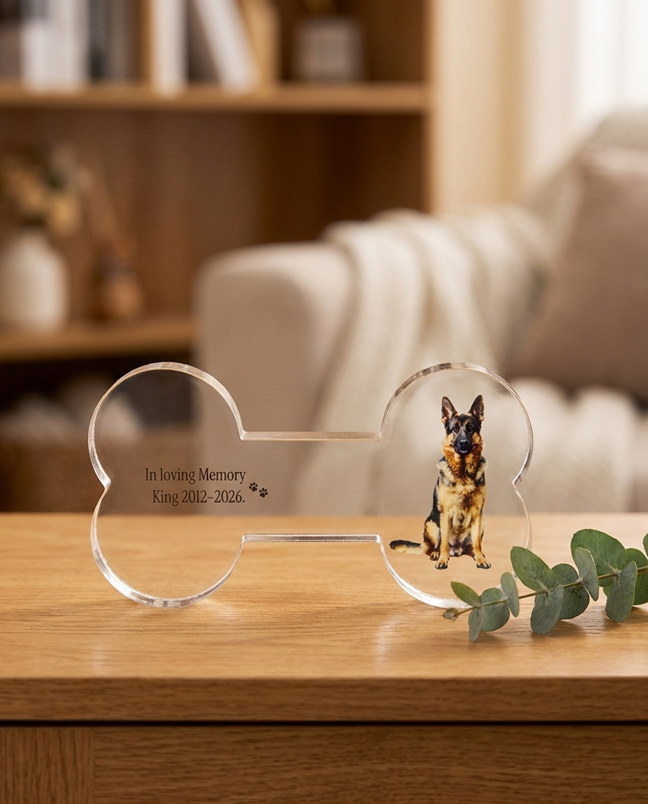 Personalised bone pet memorial acrylic block on a wooden surface
