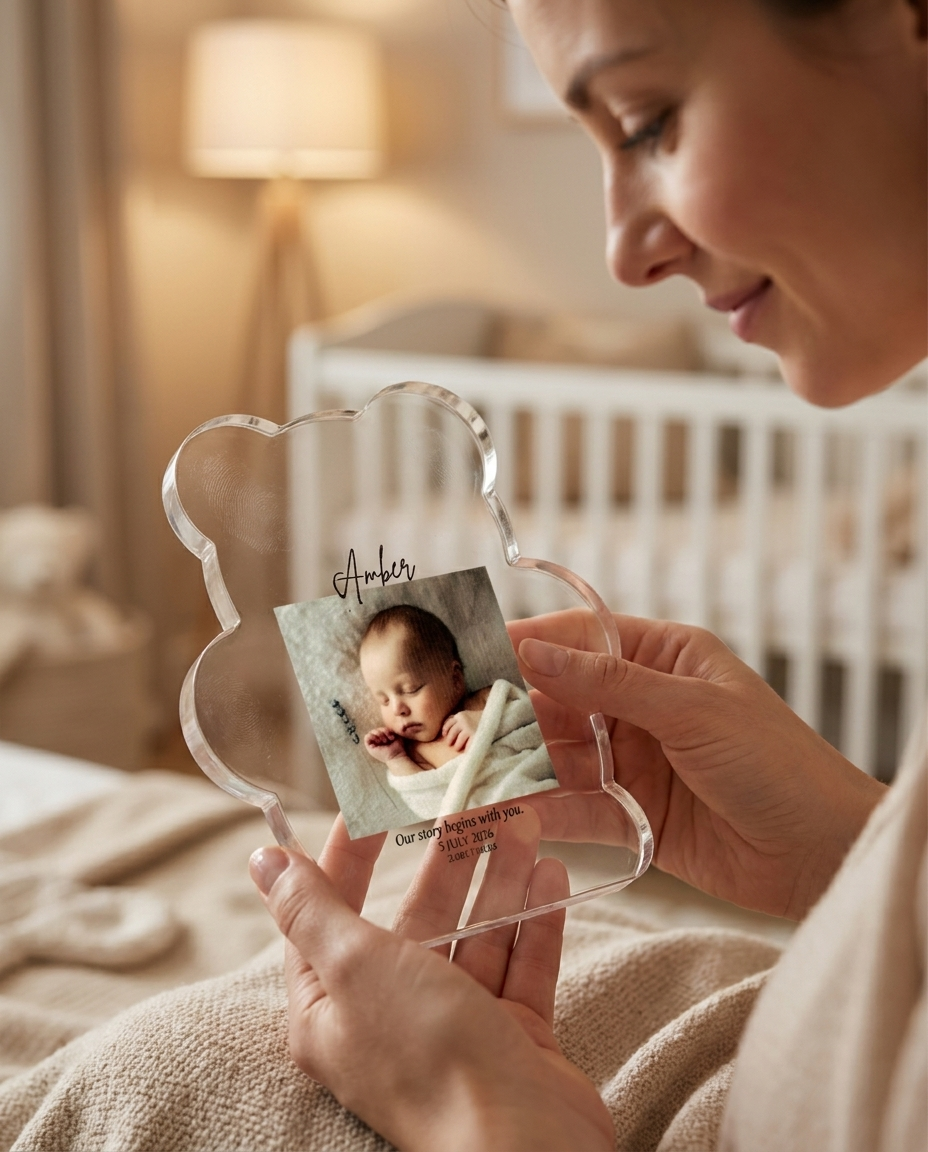 Mother holding the personalised teddy photo block