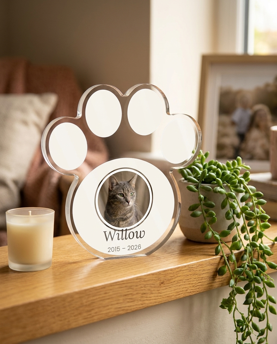 Paw print memorial block on a shelf