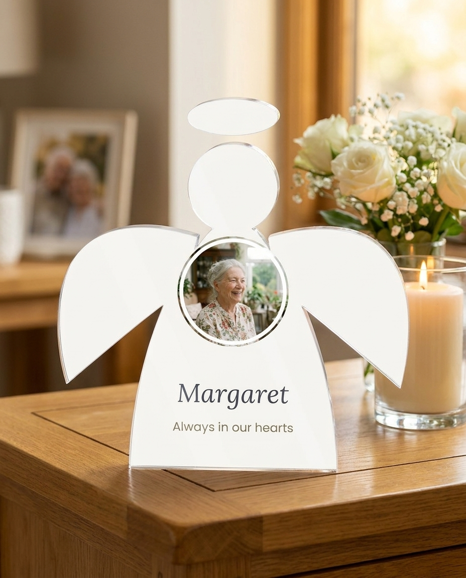 Angel memorial block on a table