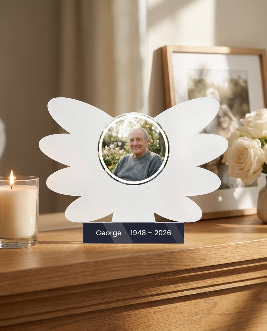 Angel wings memorial block on a mantel