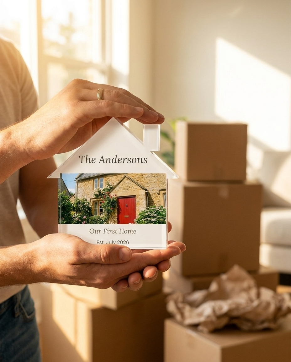 Hands holding house block among moving boxes