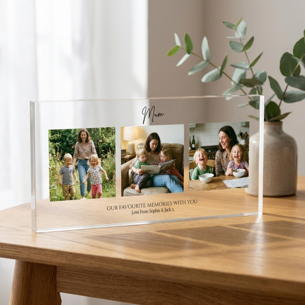 Personalised Mum photo collage acrylic block on oak table with eucalyptus