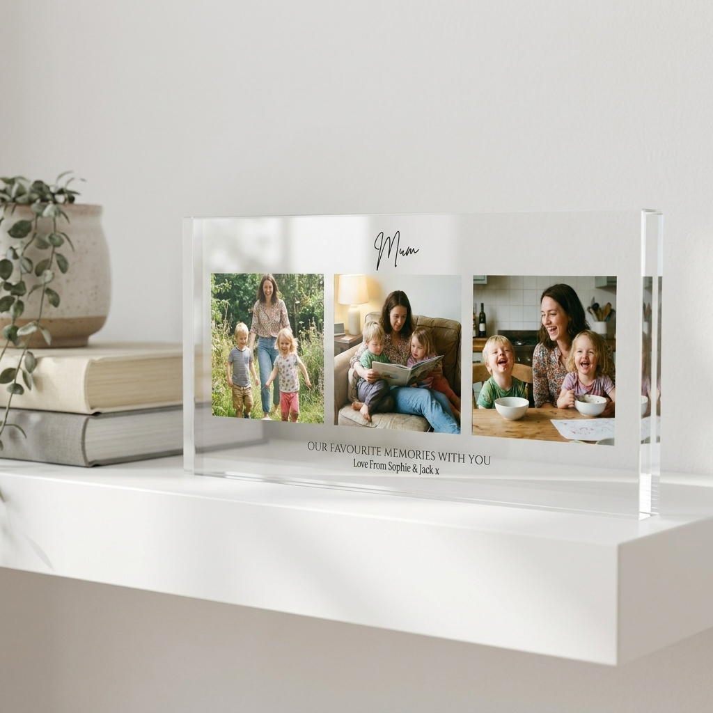 Personalised Mum photo collage clear acrylic block on shelf with books