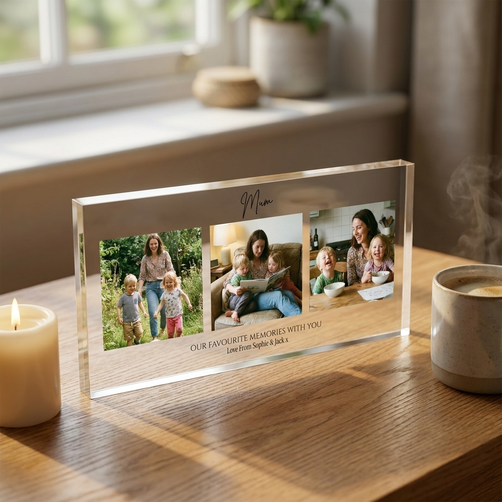 Personalised Mum photo collage acrylic block on desk with candle and coffee