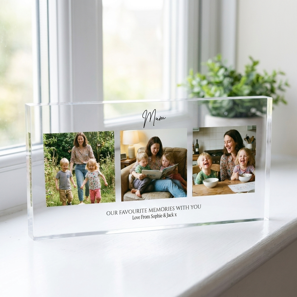 Personalised Mum photo collage clear acrylic block on bright windowsill