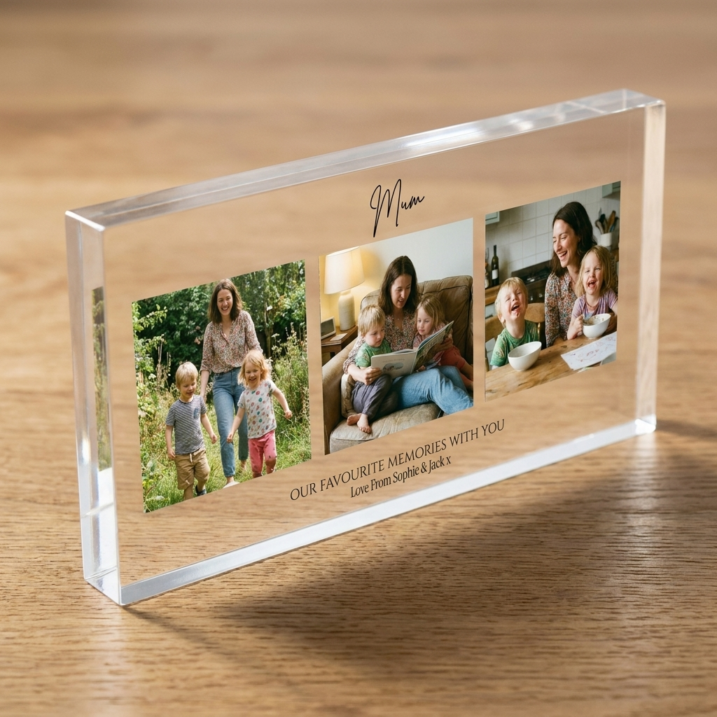 Personalised Mum photo collage clear acrylic block angled edge detail