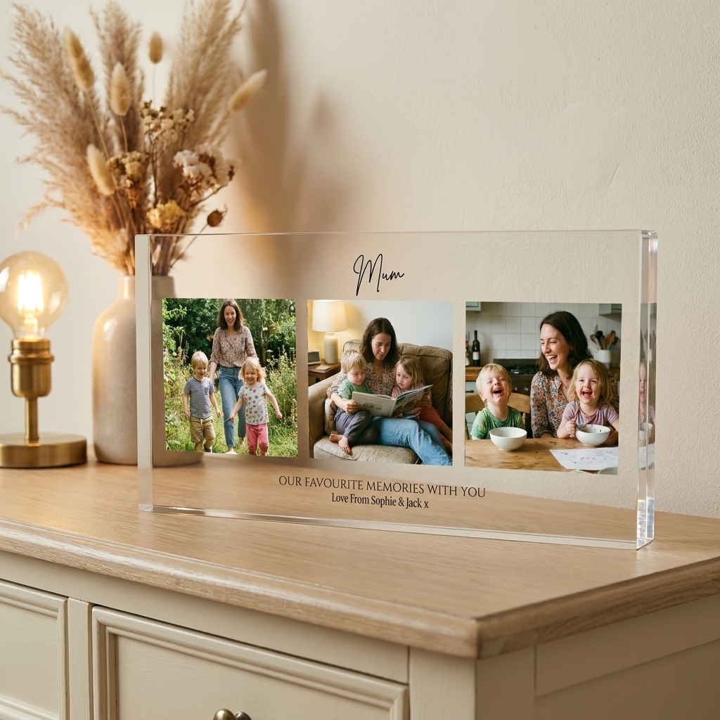 Personalised Mum photo collage acrylic block on console with brass lamp