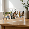 Personalised family photo collage clear acrylic block on oak table