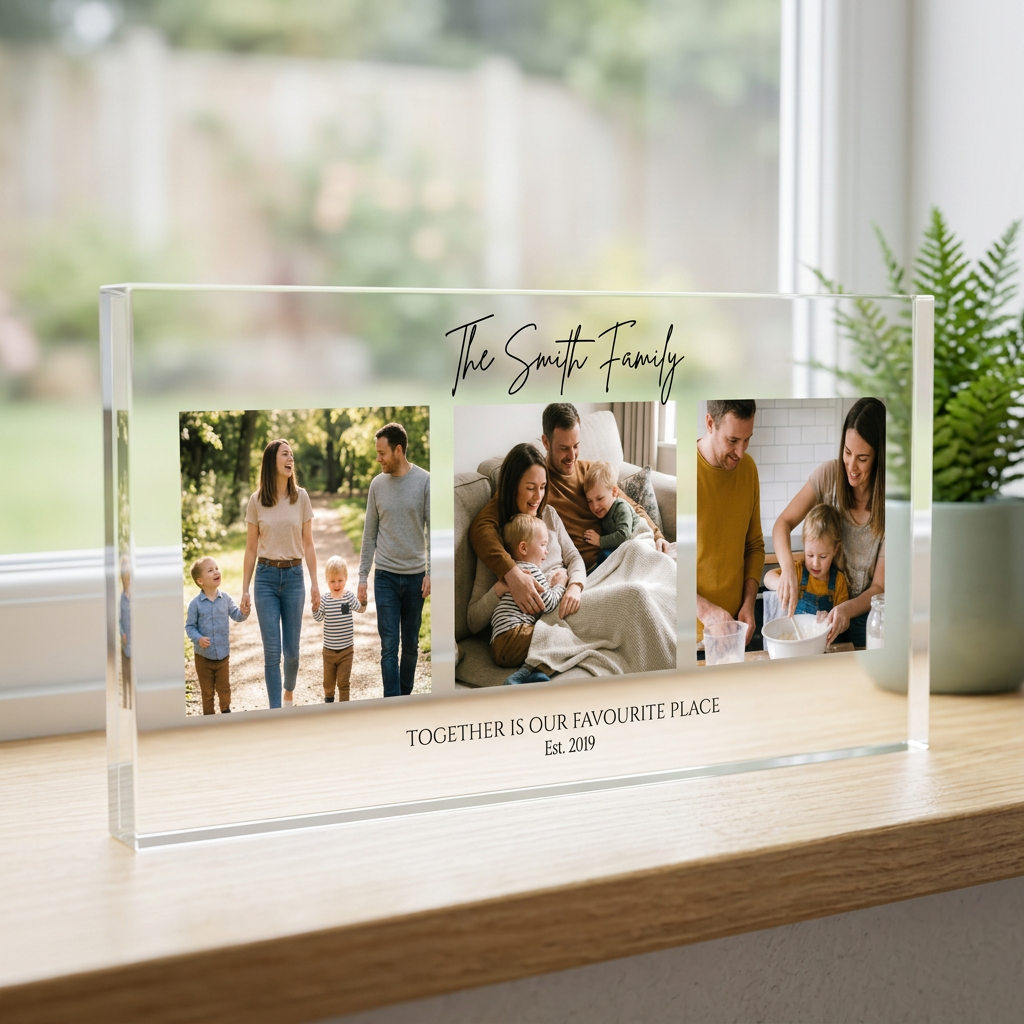 Personalised family photo collage clear acrylic block on windowsill