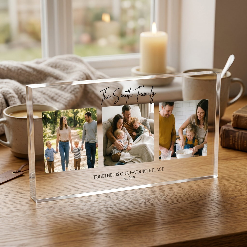 Personalised family photo collage acrylic block on desk with candle