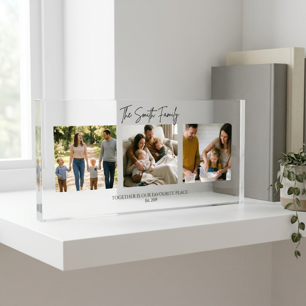 Personalised family photo collage clear acrylic block on shelf