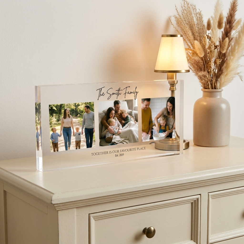 Personalised family photo collage acrylic block on console with lamp