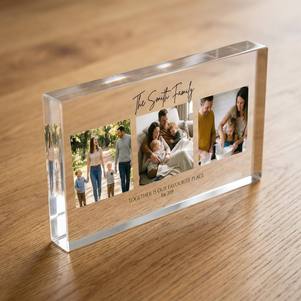 Personalised family photo collage clear acrylic block edge detail