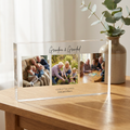 Personalised Grandma Grandad photo collage clear acrylic block on oak table