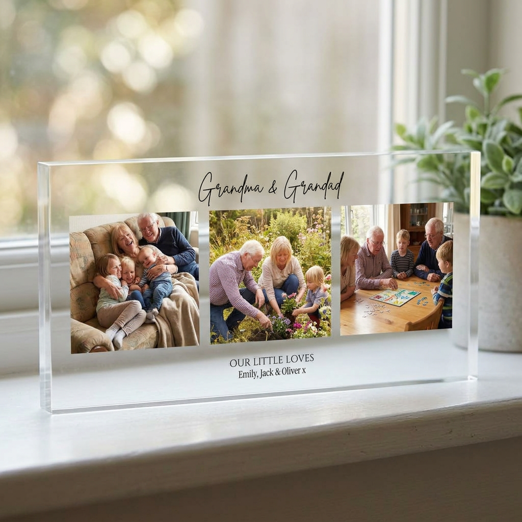 Personalised Grandma Grandad photo collage clear acrylic block on windowsill