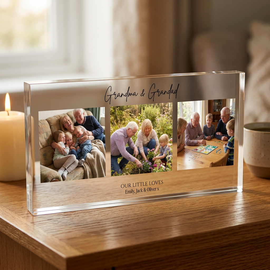 Personalised Grandma Grandad photo collage acrylic block on desk with candle
