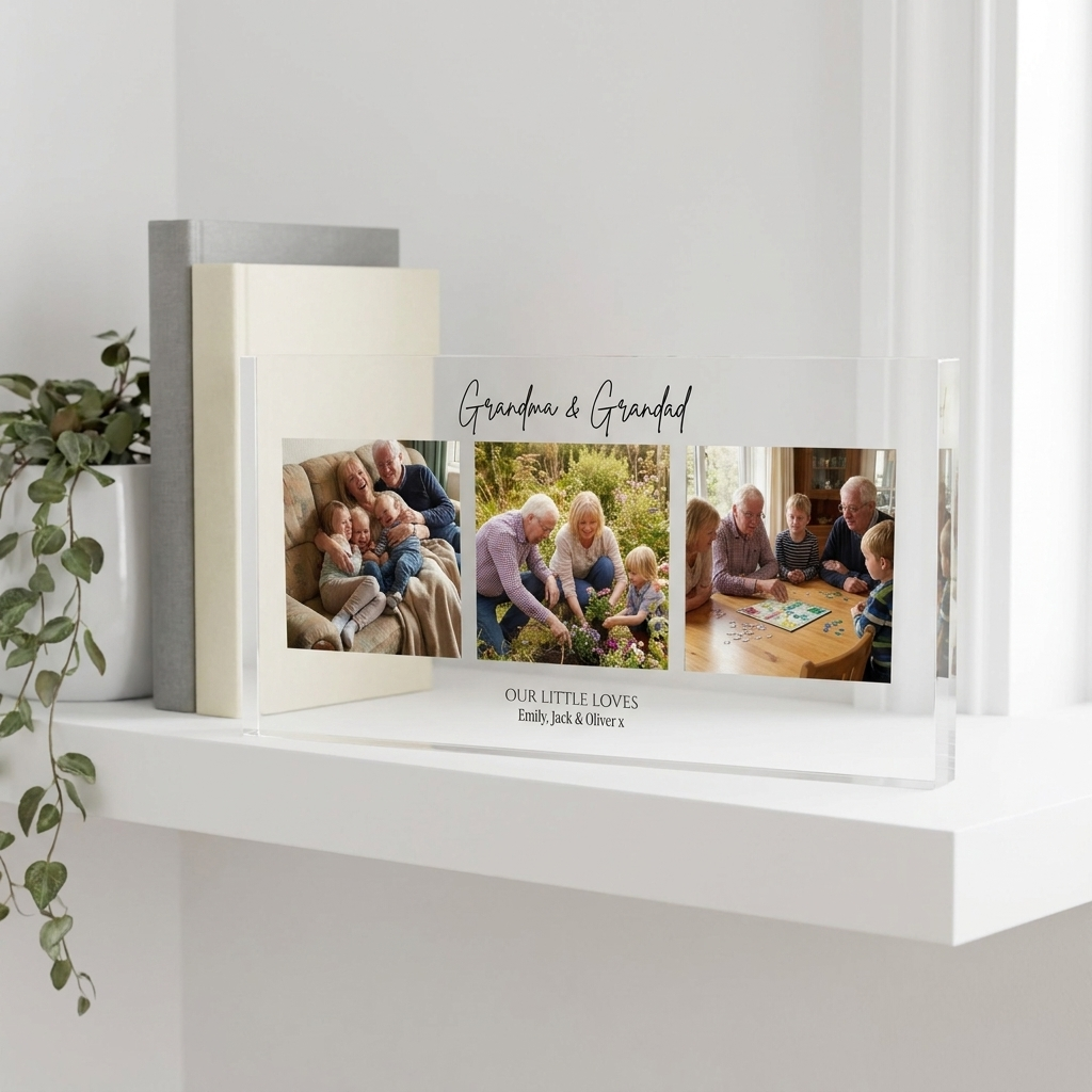 Personalised Grandma Grandad photo collage clear acrylic block on shelf
