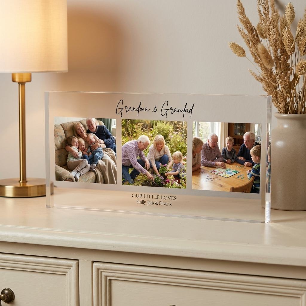 Personalised Grandma Grandad photo collage acrylic block on console with lamp