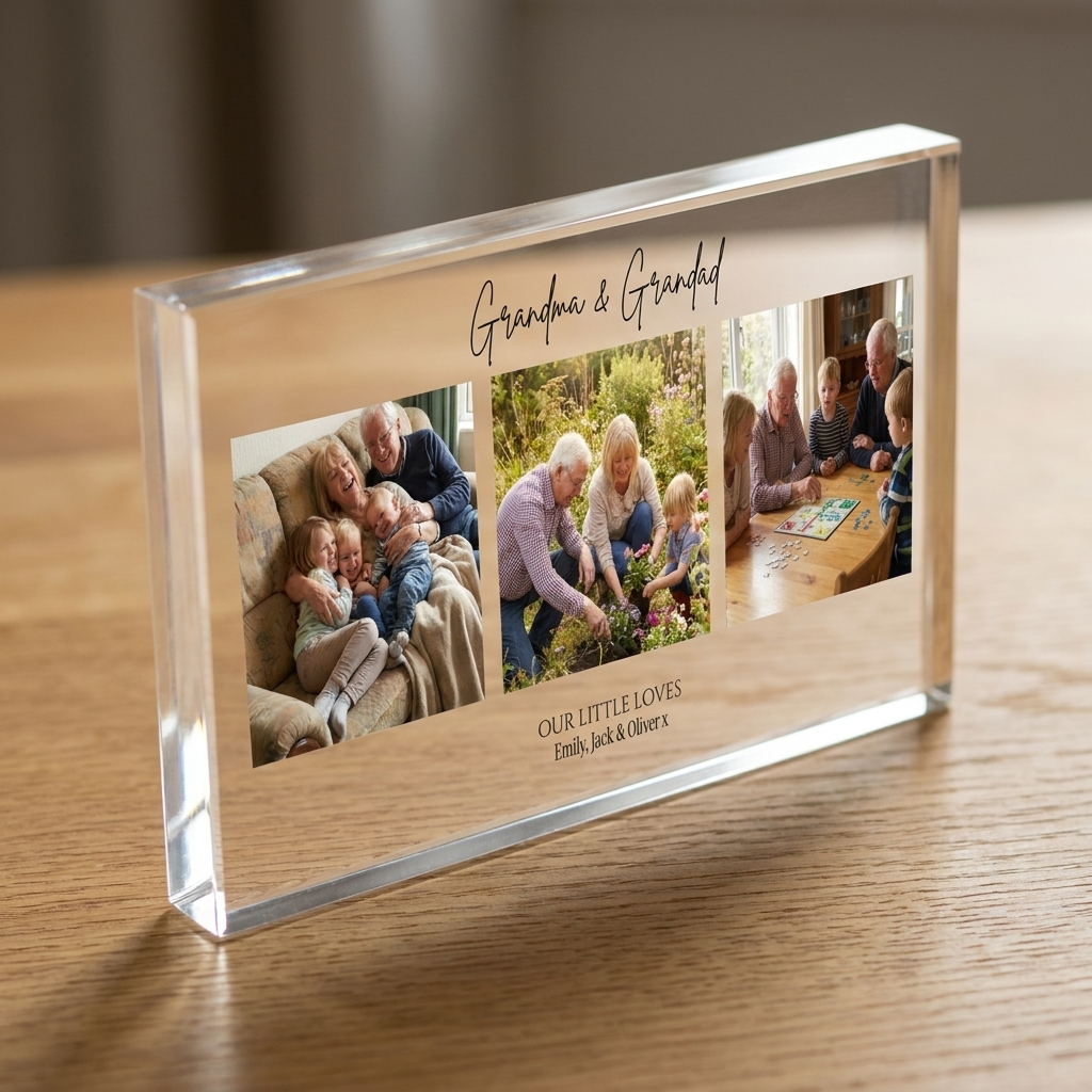 Personalised Grandma Grandad photo collage clear acrylic block edge detail