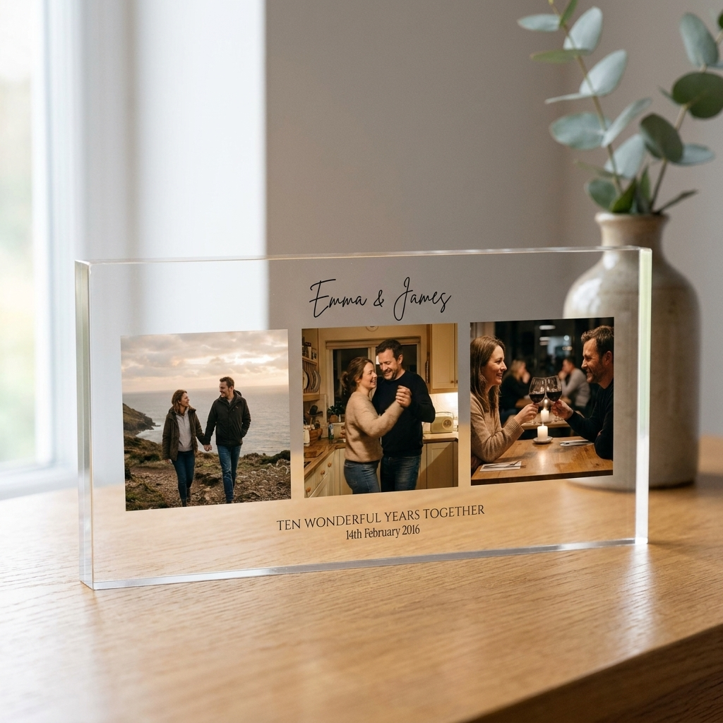 Personalised anniversary photo collage clear acrylic block on oak table