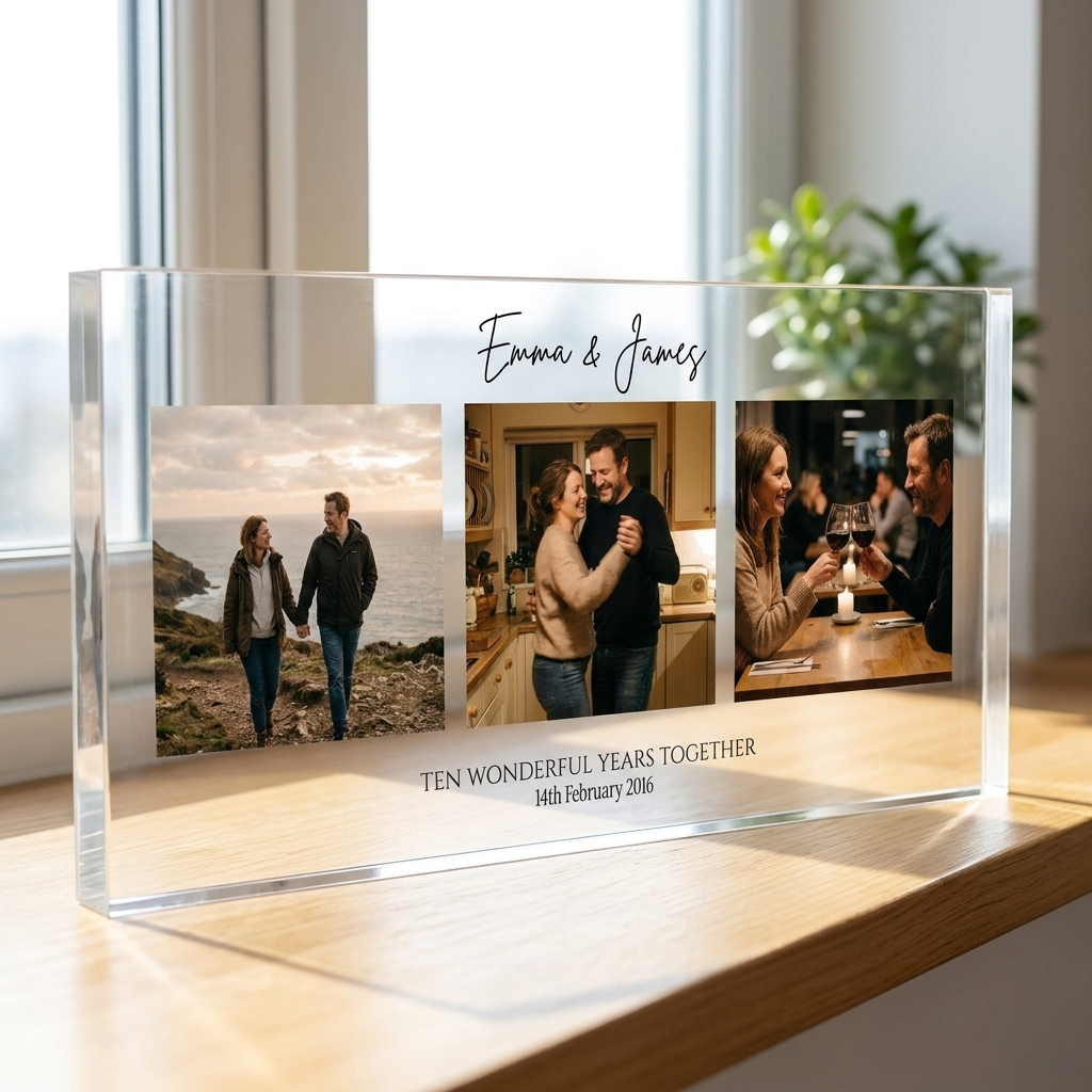 Personalised anniversary photo collage clear acrylic block on windowsill