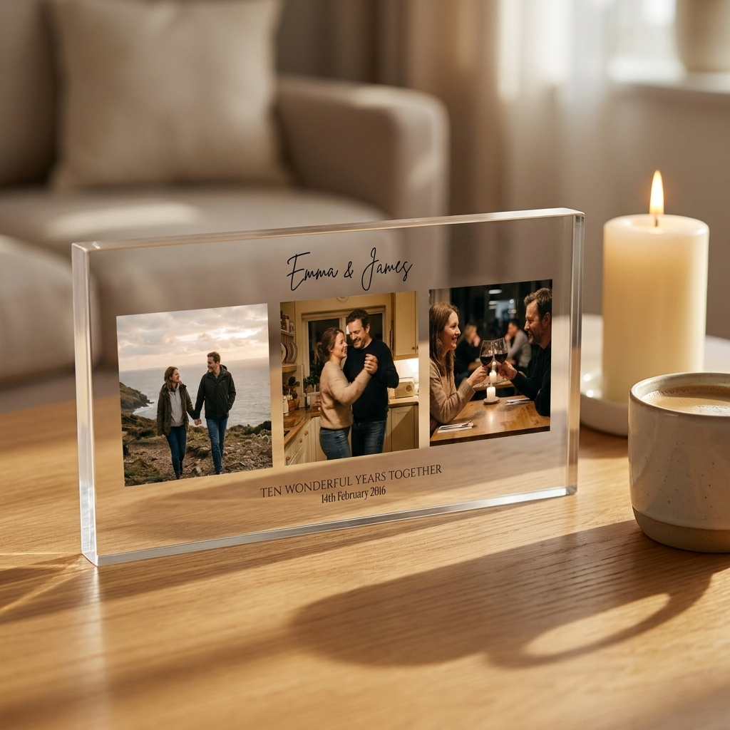 Personalised anniversary photo collage acrylic block on desk with candle