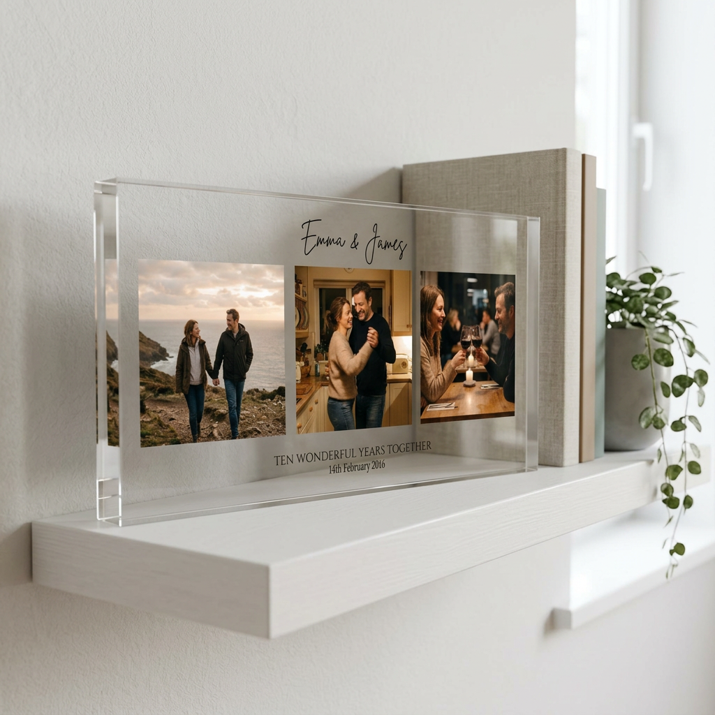 Personalised anniversary photo collage clear acrylic block on shelf