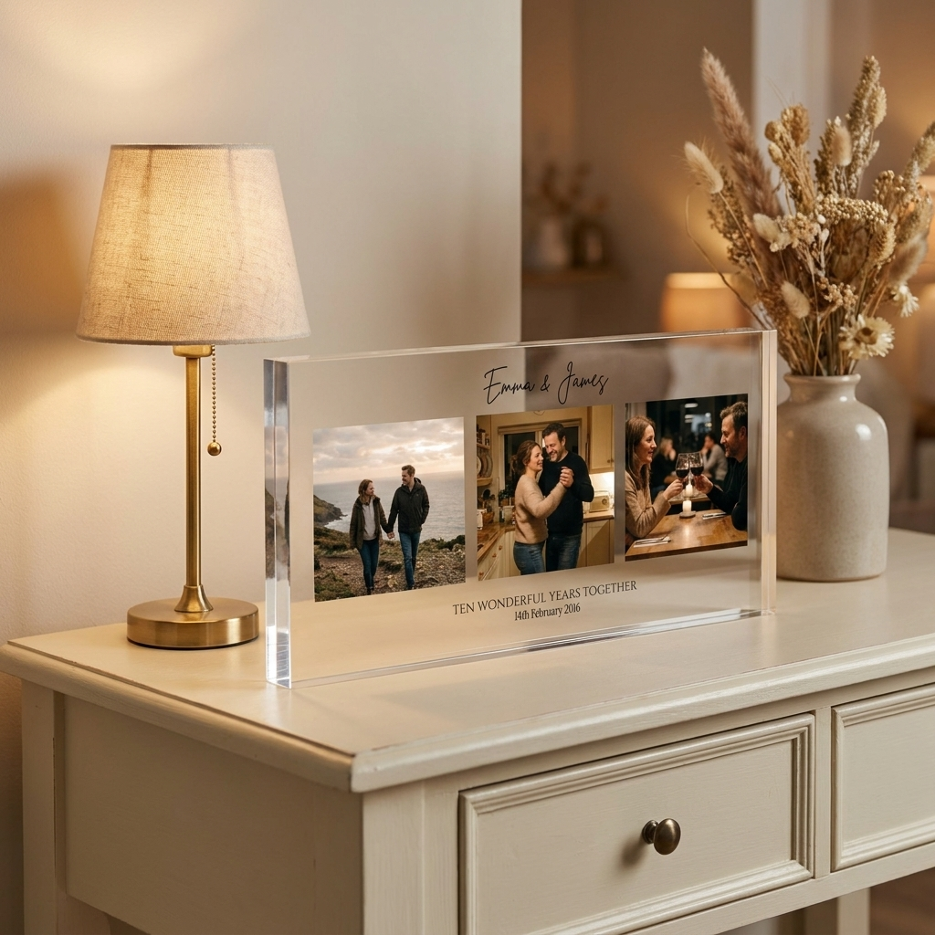 Personalised anniversary photo collage acrylic block on console with lamp