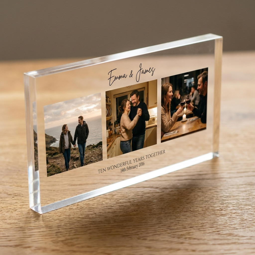 Personalised anniversary photo collage clear acrylic block edge detail