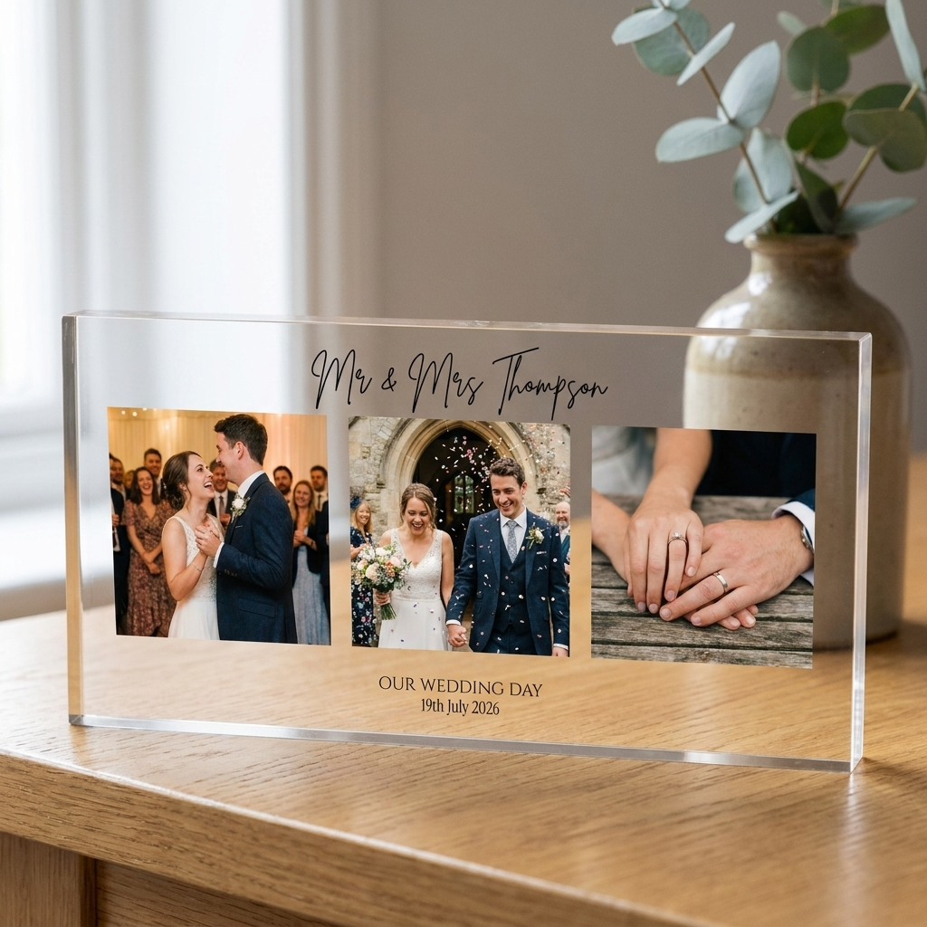 Personalised wedding photo collage clear acrylic block on oak table