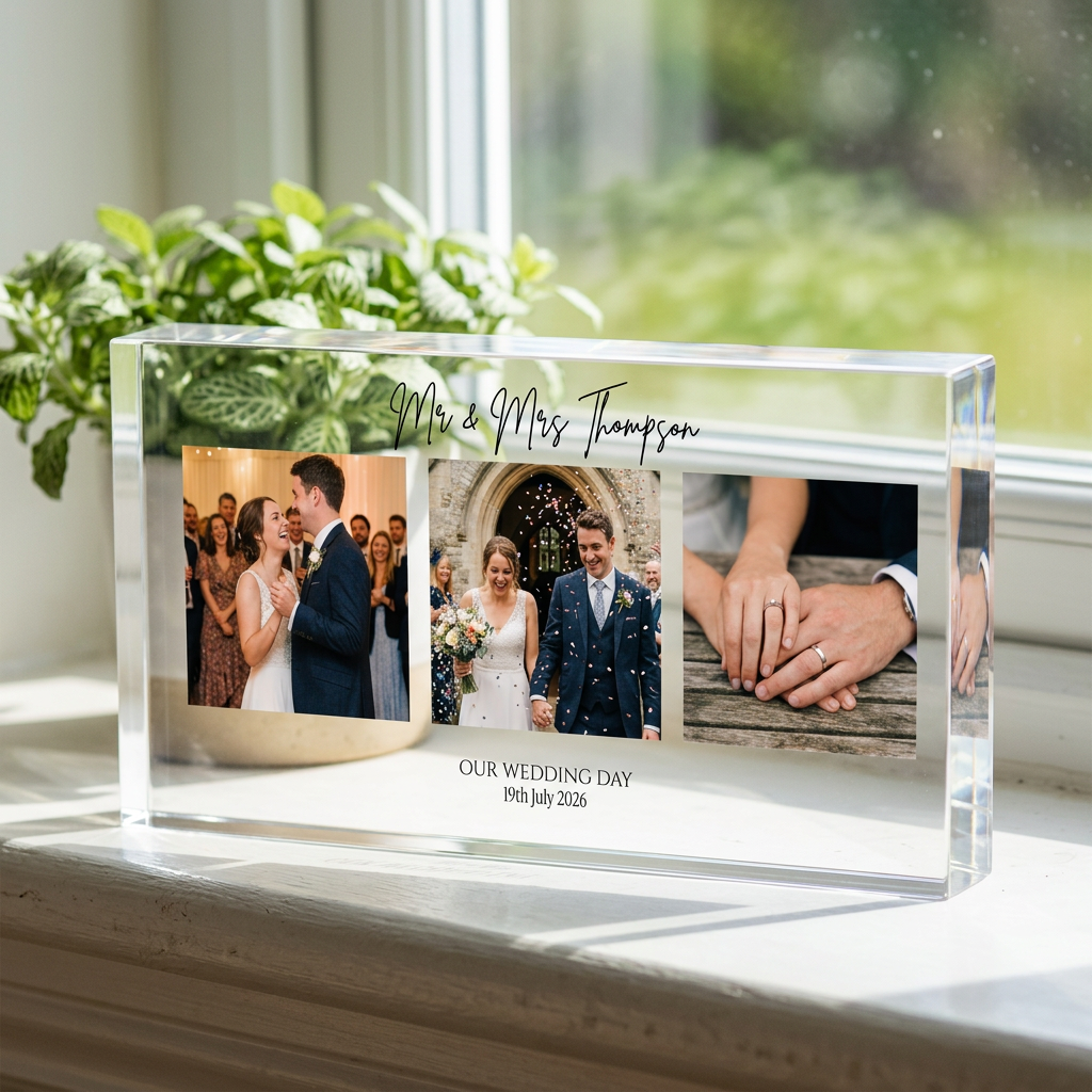 Personalised wedding photo collage clear acrylic block on windowsill