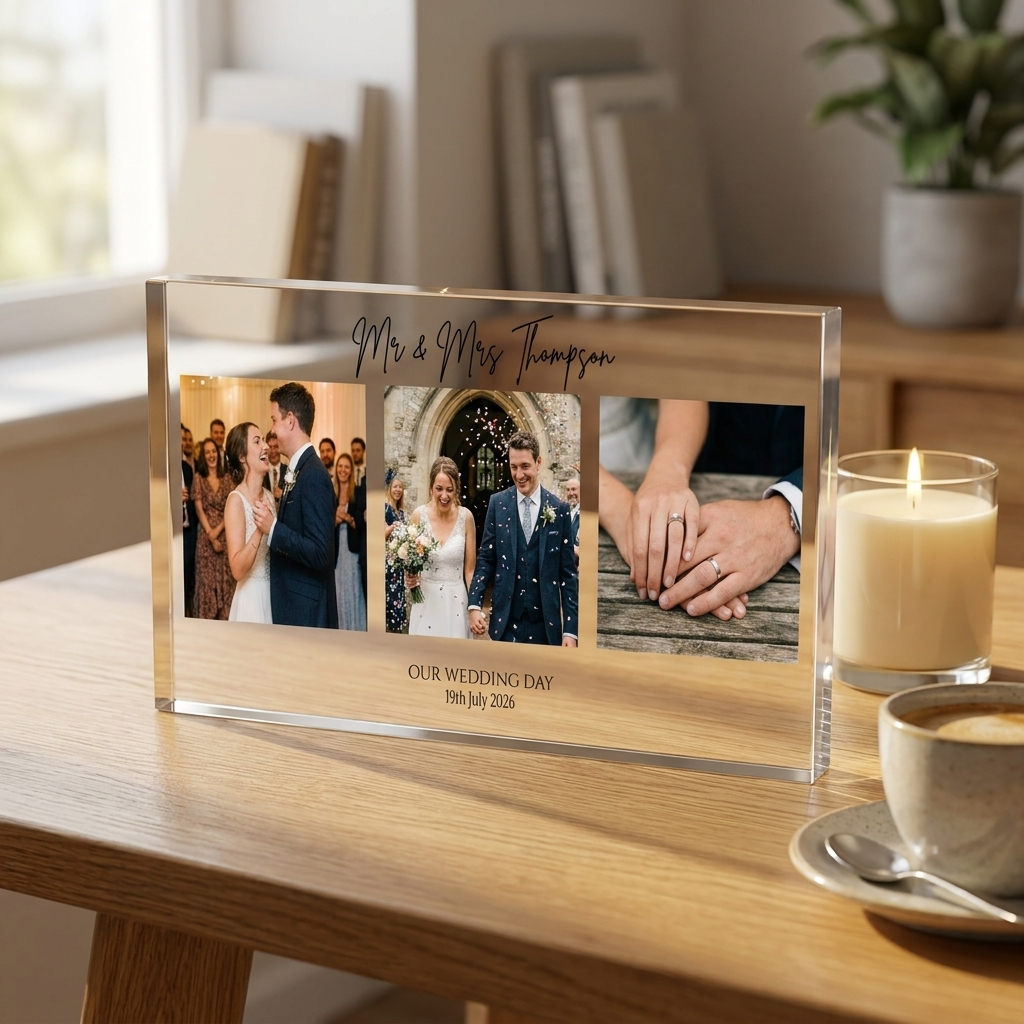 Personalised wedding photo collage acrylic block on desk with candle
